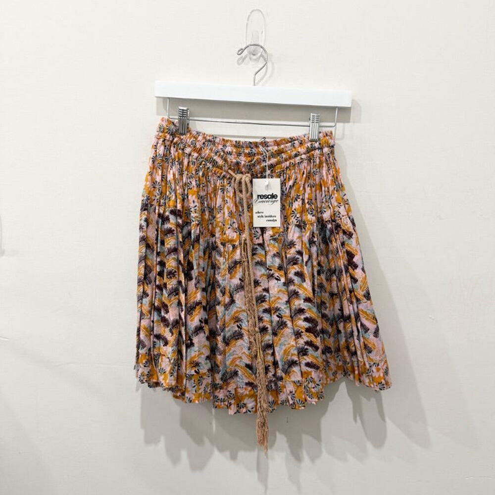 Feather Floral Print Cotton Pull On High Waisted Mini Skirt Pink Yellow Womens L